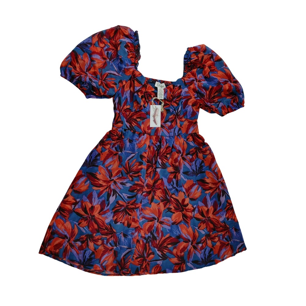 Jessica Simpson Floral Puff Sleeve Smocked Back Mini Dress Blue Orange‎ Size S